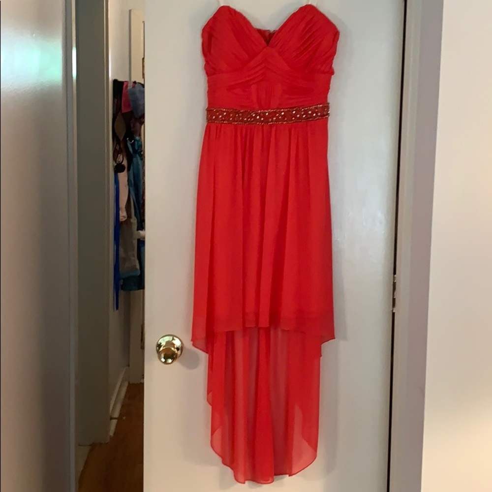 Coral strapless dress with beaded waist